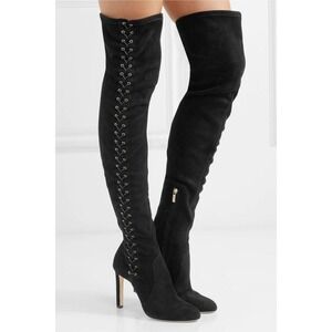 Jimmy Choo Marie Over The Knee Lace Up Black Suede Boots Stiletto Heel Sz 38 / 8